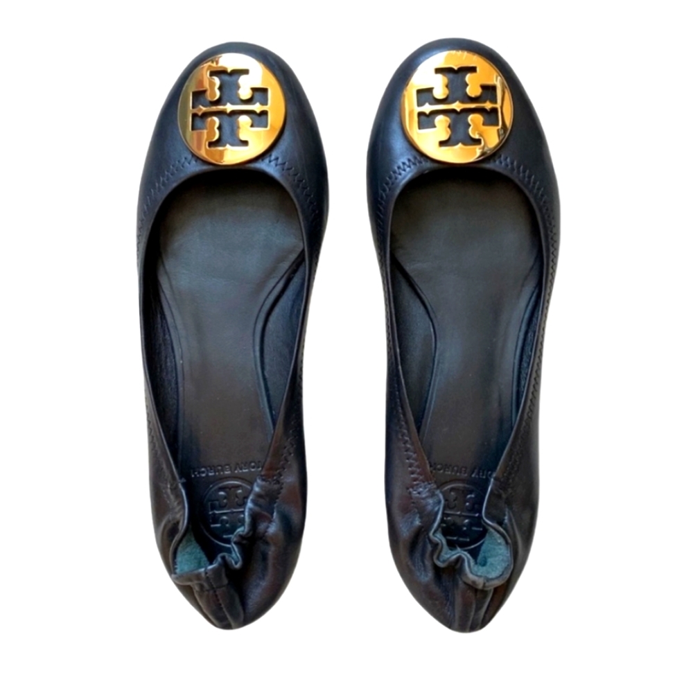 Tory Burch Reva Leather Black Ballet Flats (Discontinued)